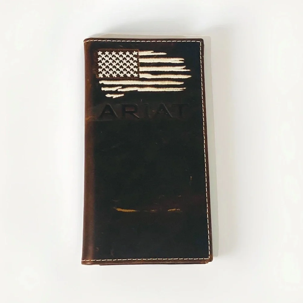 Ariat Dark Brown Leather Long Wallet with Embossed American Flag
